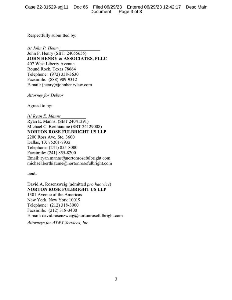 Agreed order of the United States Bankruptcy Court for the Northern District of Texas dismissing the Chapter 11 case of ARGDOWNTOWN, LLC under sections 305(a) and 1112(b), Case No. 22-31529-SGJ, signed and entered June 29, 2023, authorising the debtor to pay all creditor and administrative claims and retaining jurisdiction to enforce. Page 3 of the 3 pages reproduced here.