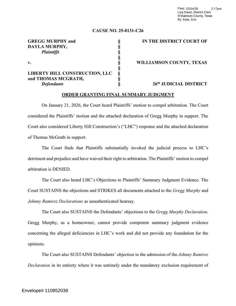 First page of the signed Order Granting Final Summary Judgment in Murphy v. Liberty Hill Construction, LLC, Cause No. 25-0131-C26, 26th Judicial District Court, Williamson County, Texas, filed March 4, 2026 — denying the plaintiffs' motion to compel arbitration on waiver and striking their summary judgment evidence.