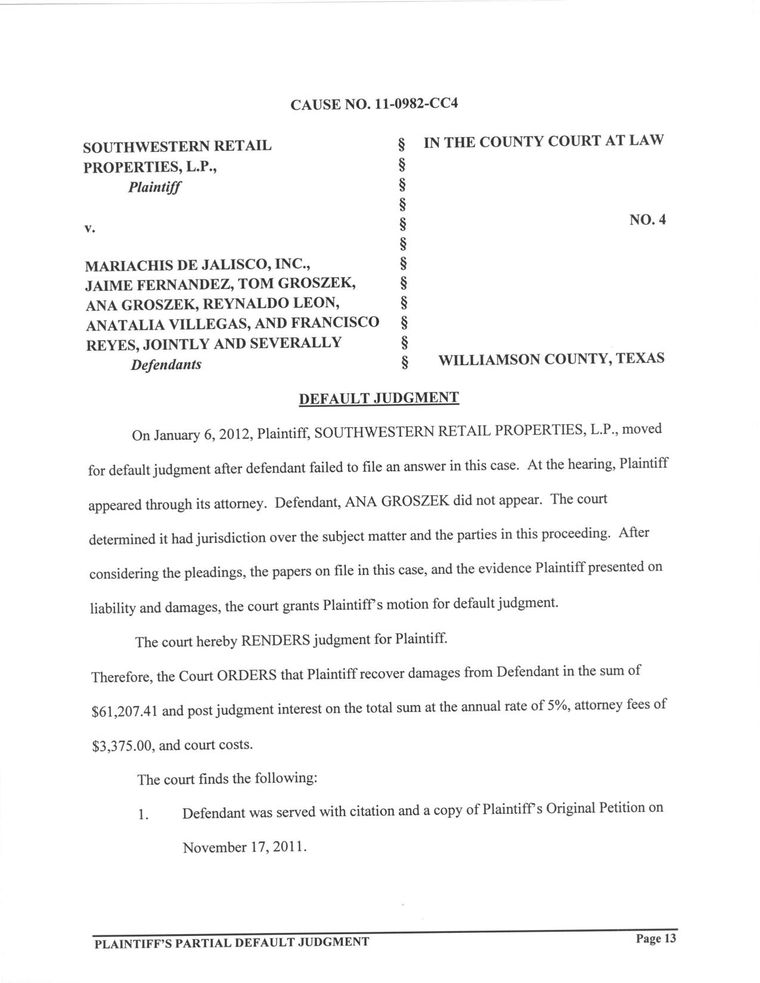 Signed partial default judgment for Southwestern Retail Properties, L.P. against Ana Groszek alone, Cause No. 11-0982-CC4, County Court at Law No. 4, Williamson County, Texas, file-stamped February 7, 2012, awarding $61,207.41 with $3,375.00 in fees and expressly not disposing of all claims and all parties. Page 2 of the 3 pages reproduced here.