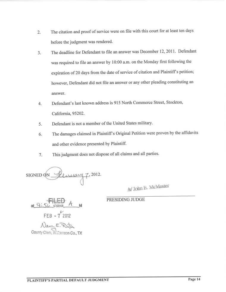 Signed partial default judgment for Southwestern Retail Properties, L.P. against Ana Groszek alone, Cause No. 11-0982-CC4, County Court at Law No. 4, Williamson County, Texas, file-stamped February 7, 2012, awarding $61,207.41 with $3,375.00 in fees and expressly not disposing of all claims and all parties. Page 3 of the 3 pages reproduced here.