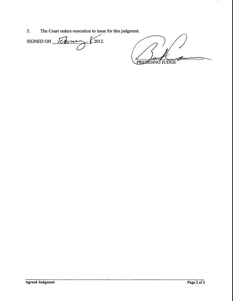 Signed agreed final judgment for Round Rock Business Park, L.P. against Electronic Polymers, Inc. and Electronic Polymers Newco, Inc., Cause No. 11-1187-C368, 368th Judicial District Court, Williamson County, Texas, file-stamped February 8, 2012, awarding $208,045.41 jointly and severally with $12,131.29 in fees and ordering execution to issue, with two paragraphs struck through by hand before signing. Page 2 of the 3 pages reproduced here.