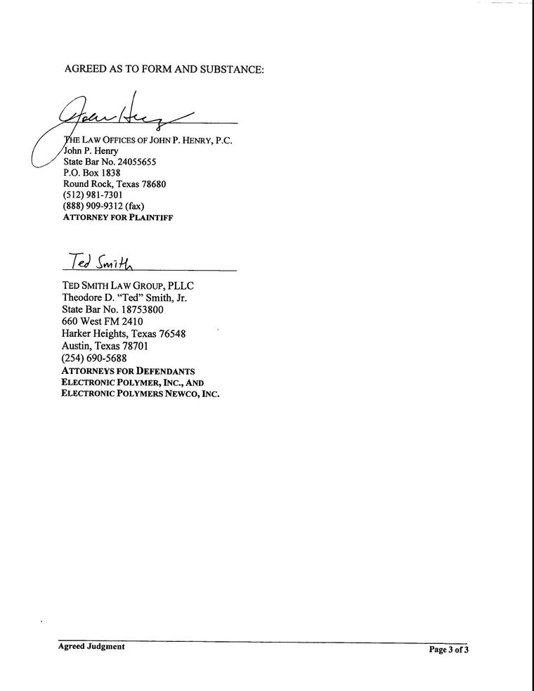 Signed agreed final judgment for Round Rock Business Park, L.P. against Electronic Polymers, Inc. and Electronic Polymers Newco, Inc., Cause No. 11-1187-C368, 368th Judicial District Court, Williamson County, Texas, file-stamped February 8, 2012, awarding $208,045.41 jointly and severally with $12,131.29 in fees and ordering execution to issue, with two paragraphs struck through by hand before signing. Page 3 of the 3 pages reproduced here.