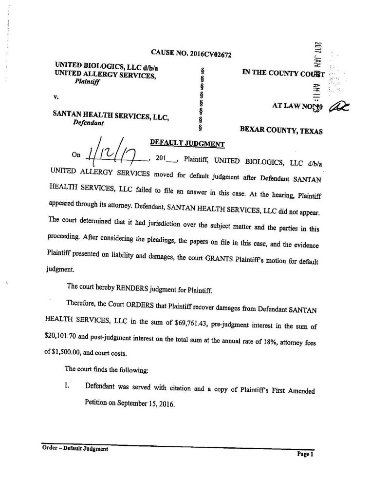 Signed default judgment for United Biologics, LLC d/b/a United Allergy Services against Santan Health Services, LLC, Cause No. 2016CV02672, County Court at Law, Bexar County, Texas, dated and signed by hand on 12 January 2017 and file-stamped that month.