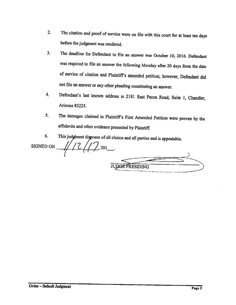 Signed default judgment for United Biologics, LLC d/b/a United Allergy Services against Santan Health Services, LLC, Cause No. 2016CV02672, County Court at Law, Bexar County, Texas, dated and signed by hand on 12 January 2017 and file-stamped that month. Page 2 of the 2 pages reproduced here.