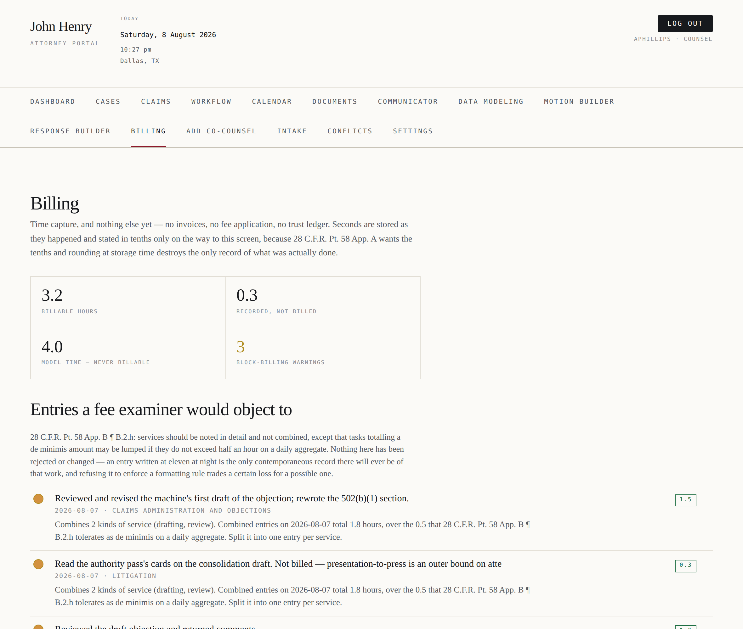 Time capture — billable hours beside model time marked never billable, and three entries flagged as block billing