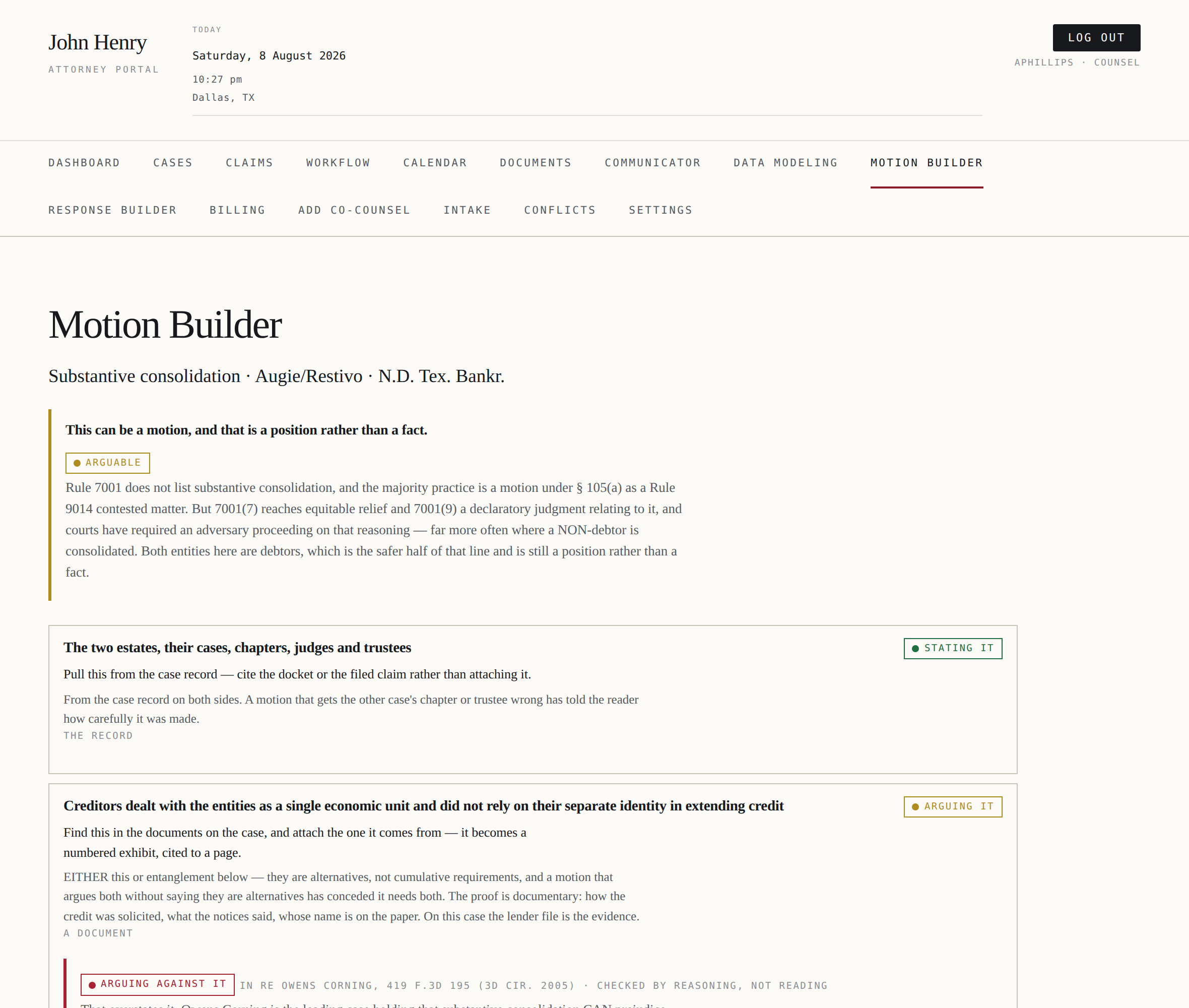 The Motion Builder — a Rule 7001 check, element cards graded by the drafter, and the authority pass disagreeing underneath in red