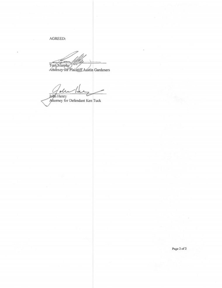 Signed agreed order abating Austin Gardeners, LLC v. Kenneth Tuck d/b/a Site Rite Construction Group, Cause No. D-1-GN-24-000256, 201st Judicial District Court, Travis County, Texas, file-stamped August 29, 2024, abating the case during the pendency of AAA arbitration and retaining jurisdiction to render judgment on the award. Page 2 of the 2 pages reproduced here.